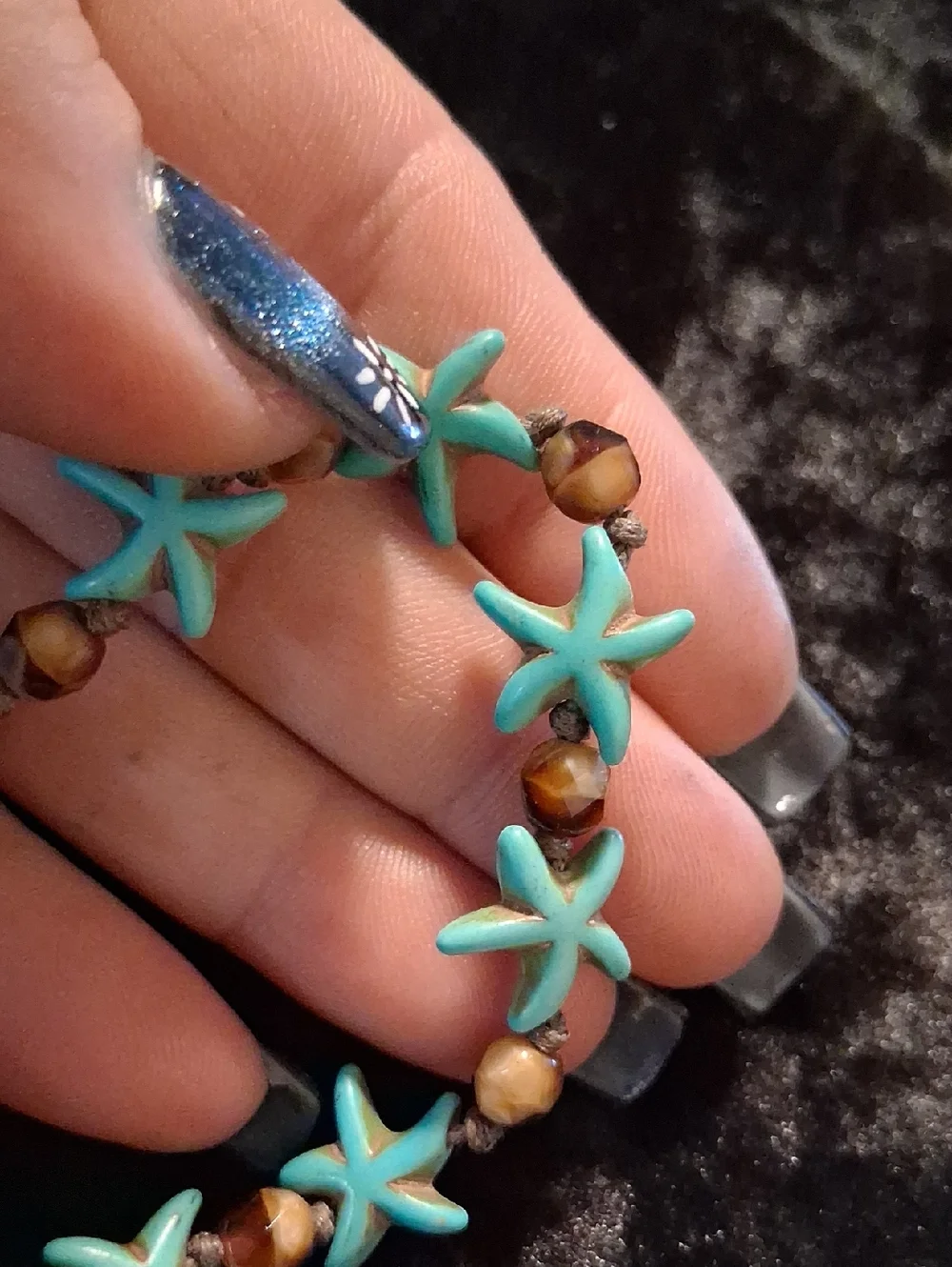 Turquoise Starfish Bead Anklet Bracelet with Brown Accent Stones - 10 To 12 In L